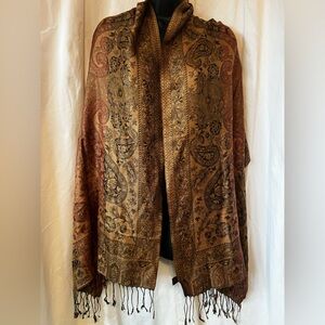 100% Silk "Cashmeer" Scarf 22"W x 68"L Plus Fringe Shades of Brown W/ Maroon